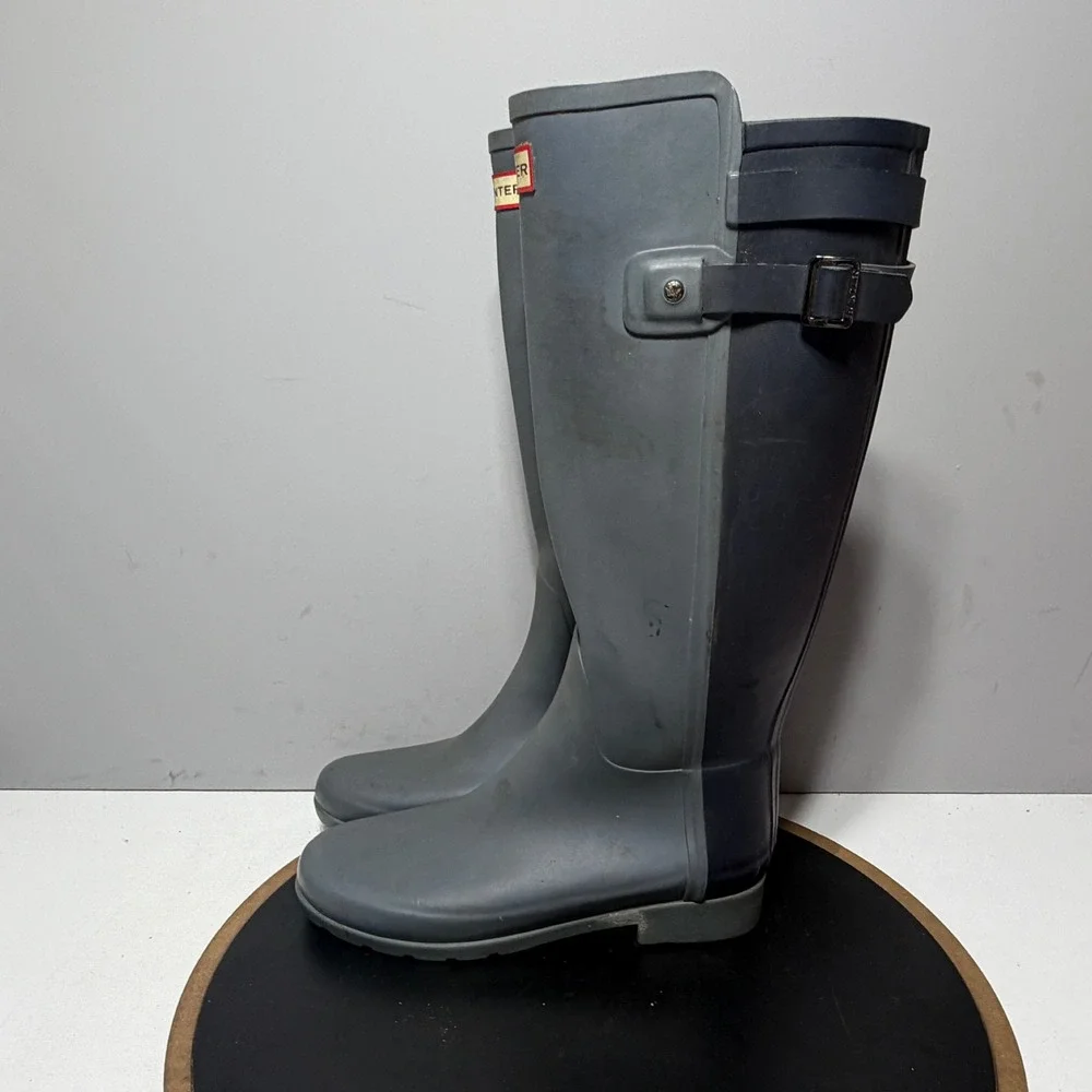 Hunter Rain Slate Boots Women 8 Grey Navy Blue Tall‎ Waterproof Matte Buckle